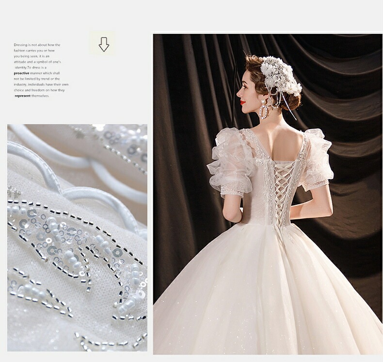 ウェディングドレス 袖あり 半袖 ロングドレス エレガント プリンセスラインドレス きれいめ パーティードレス ワンピース 披露宴 前撮りドレス 二次会 結婚式 お嫁さん フォーマルドレス 撮影 ビー