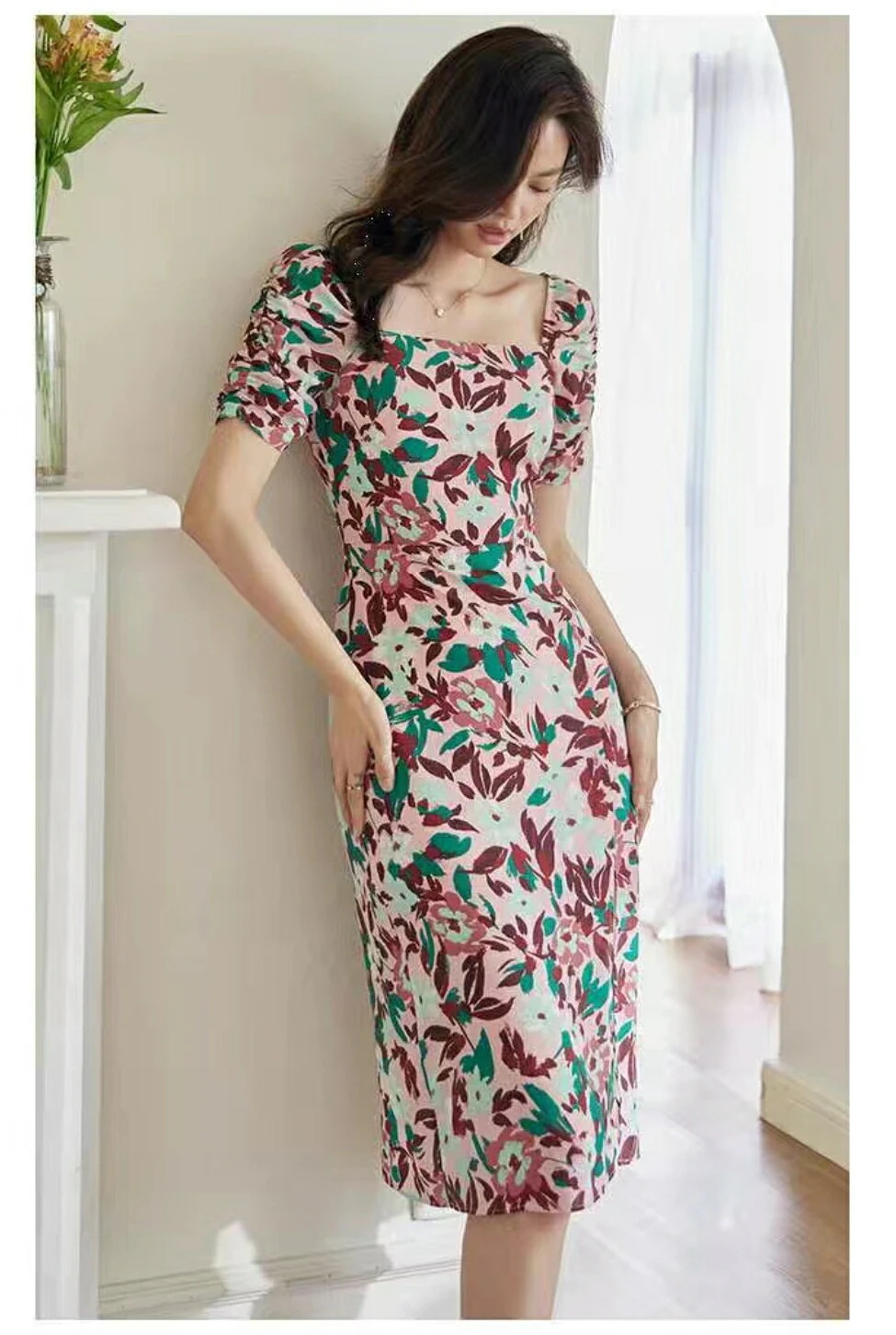 【急速出荷!】フラワープリント 半袖ワンピース 膝丈 ミモレ丈 きれいめ 半袖 花柄 夏 春 可愛いワンピース プリント S M L XL 2XL 20代 30代 40代 50代 60代 ファッ