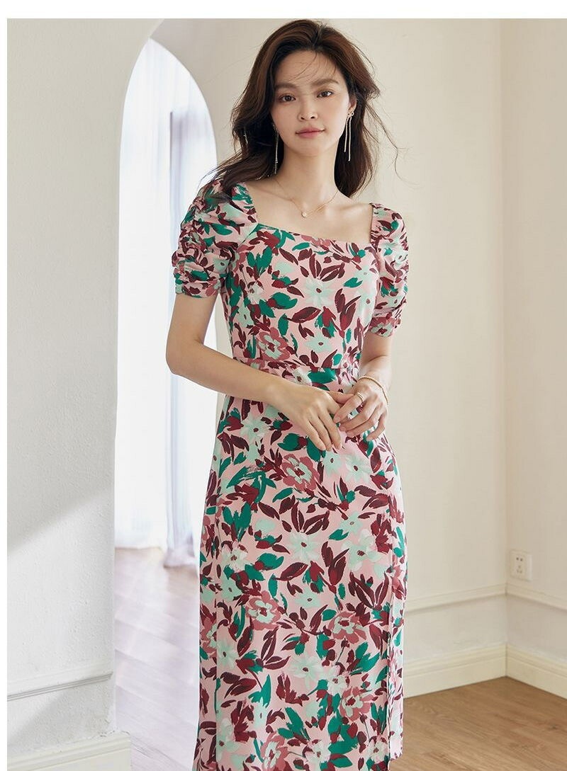 【急速出荷!】フラワープリント 半袖ワンピース 膝丈 ミモレ丈 きれいめ 半袖 花柄 夏 春 可愛いワンピース プリント S M L XL 2XL 20代 30代 40代 50代 60代 ファッ