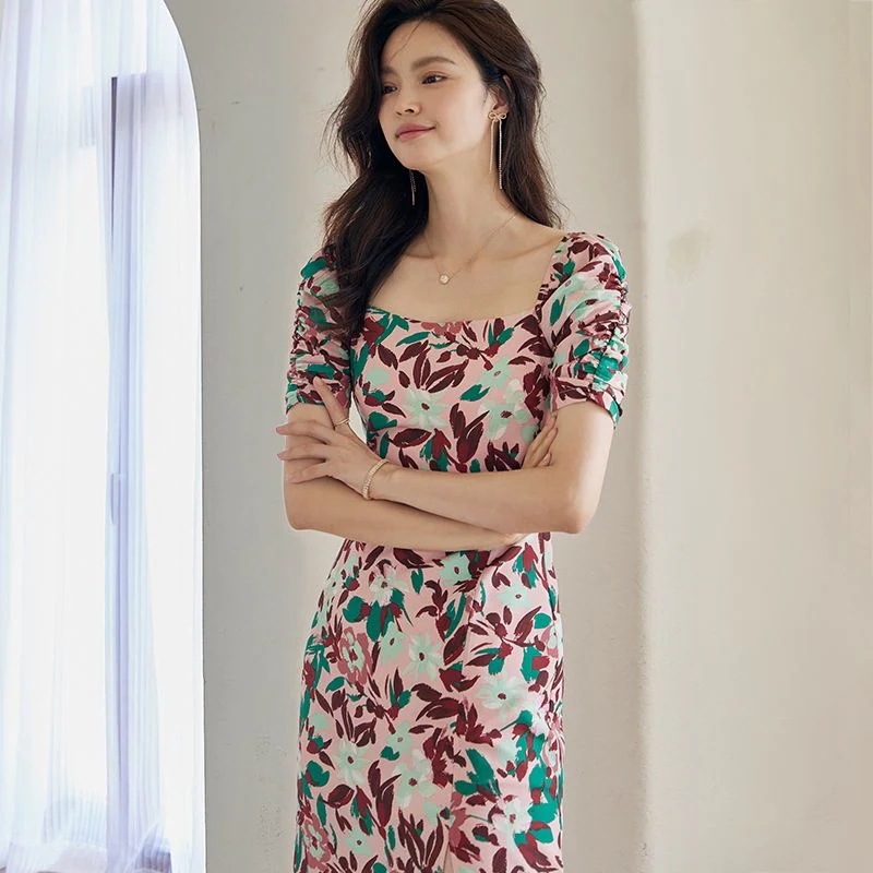 【急速出荷!】フラワープリント 半袖ワンピース 膝丈 ミモレ丈 きれいめ 半袖 花柄 夏 春 可愛いワンピース プリント S M L XL 2XL 20代 30代 40代 50代 60代 ファッ