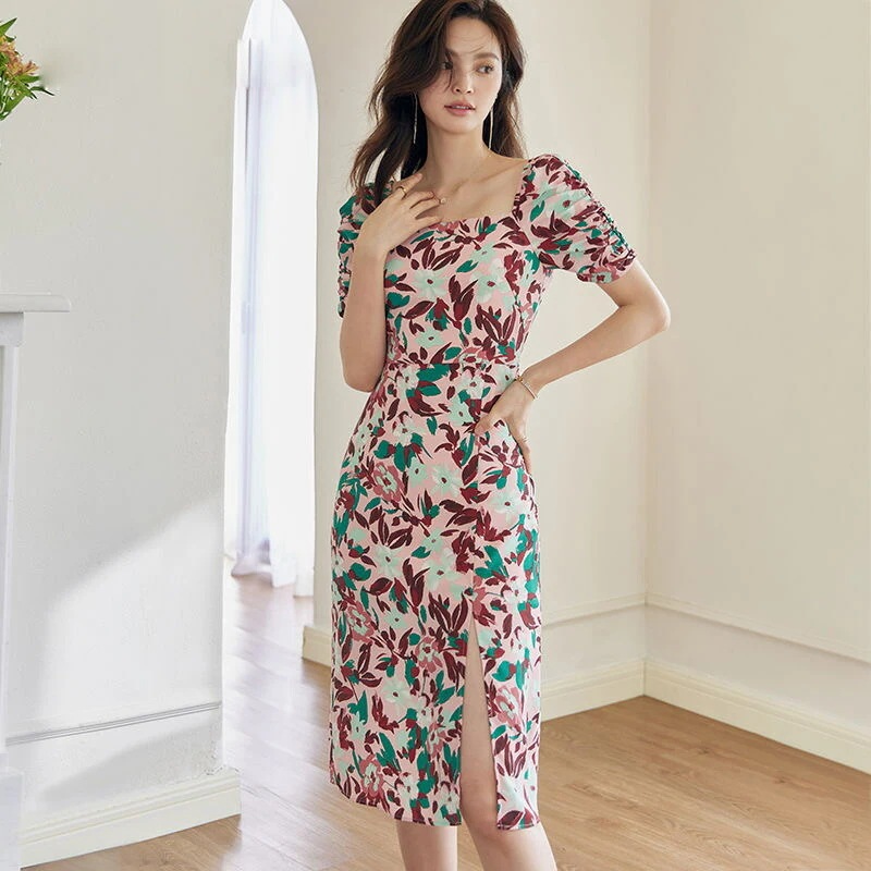 【急速出荷!】フラワープリント 半袖ワンピース 膝丈 ミモレ丈 きれいめ 半袖 花柄 夏 春 可愛いワンピース プリント S M L XL 2XL 20代 30代 40代 50代 60代 ファッ