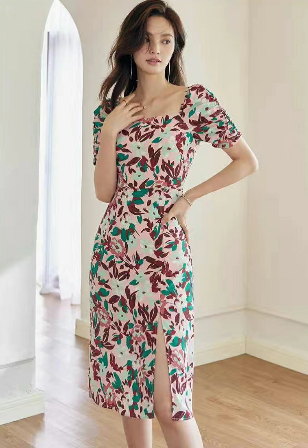 【急速出荷!】フラワープリント 半袖ワンピース 膝丈 ミモレ丈 きれいめ 半袖 花柄 夏 春 可愛いワンピース プリント S M L XL 2XL 20代 30代 40代 50代 60代 ファッ