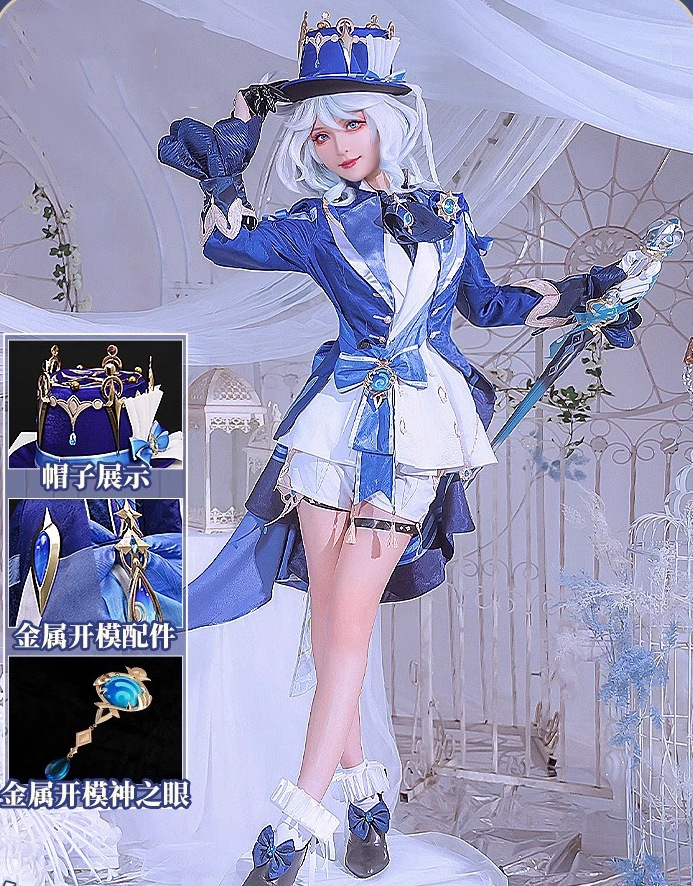 Monenjoy 原神　フリーナ　衆の水の頌歌　帽子付　金属パーツ　ウィッグ　水流転の輝き　戦闘服　スカート　豪華番　可愛い　学園祭　舞台衣装　変装 制服　礼服 コスプレ衣装　服　イベント　ハロウィン