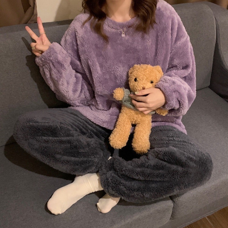 パジャマ レディース あったか 厚手 スーツ 秋冬 シンプル 丸首 長袖 ホームウェア