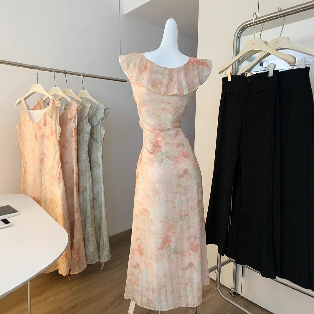 【急速出荷】フレンチプリントスカート立体ジャカード染めキャミソールワンピース女性リボンUネックロング