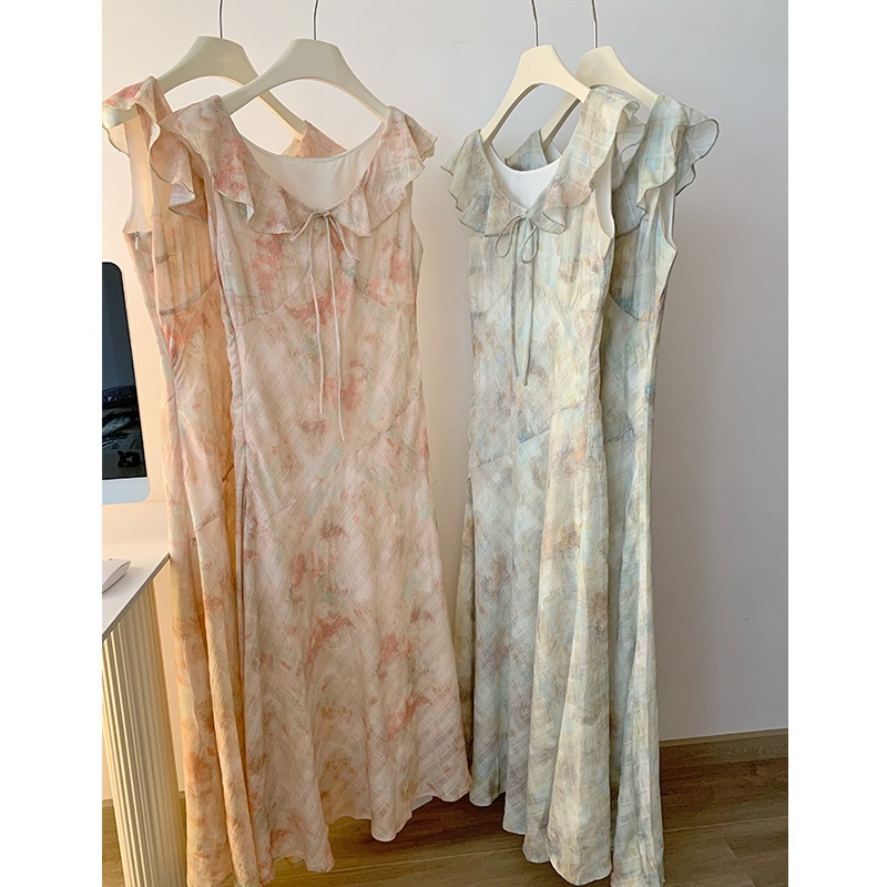 【急速出荷】フレンチプリントスカート立体ジャカード染めキャミソールワンピース女性リボンUネックロング