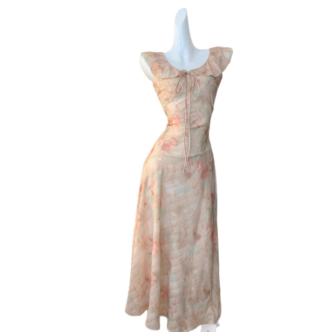 【急速出荷】フレンチプリントスカート立体ジャカード染めキャミソールワンピース女性リボンUネックロング