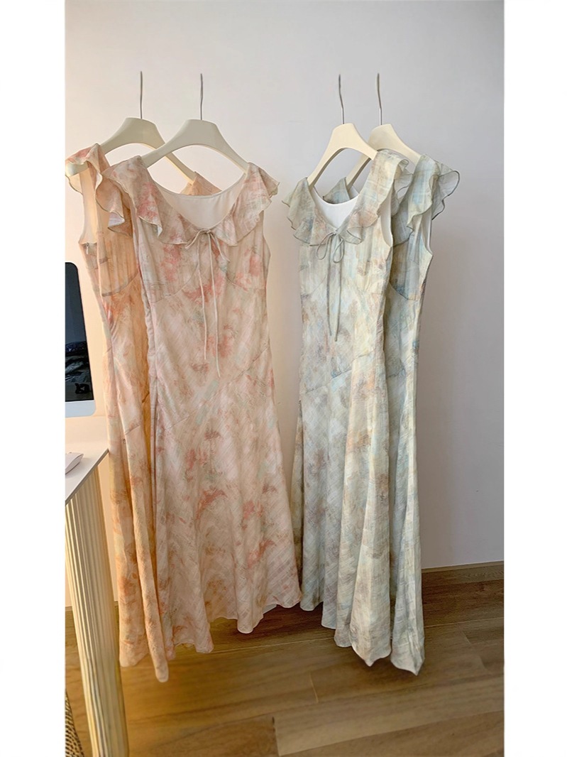 【急速出荷】フレンチプリントスカート立体ジャカード染めキャミソールワンピース女性リボンUネックロング