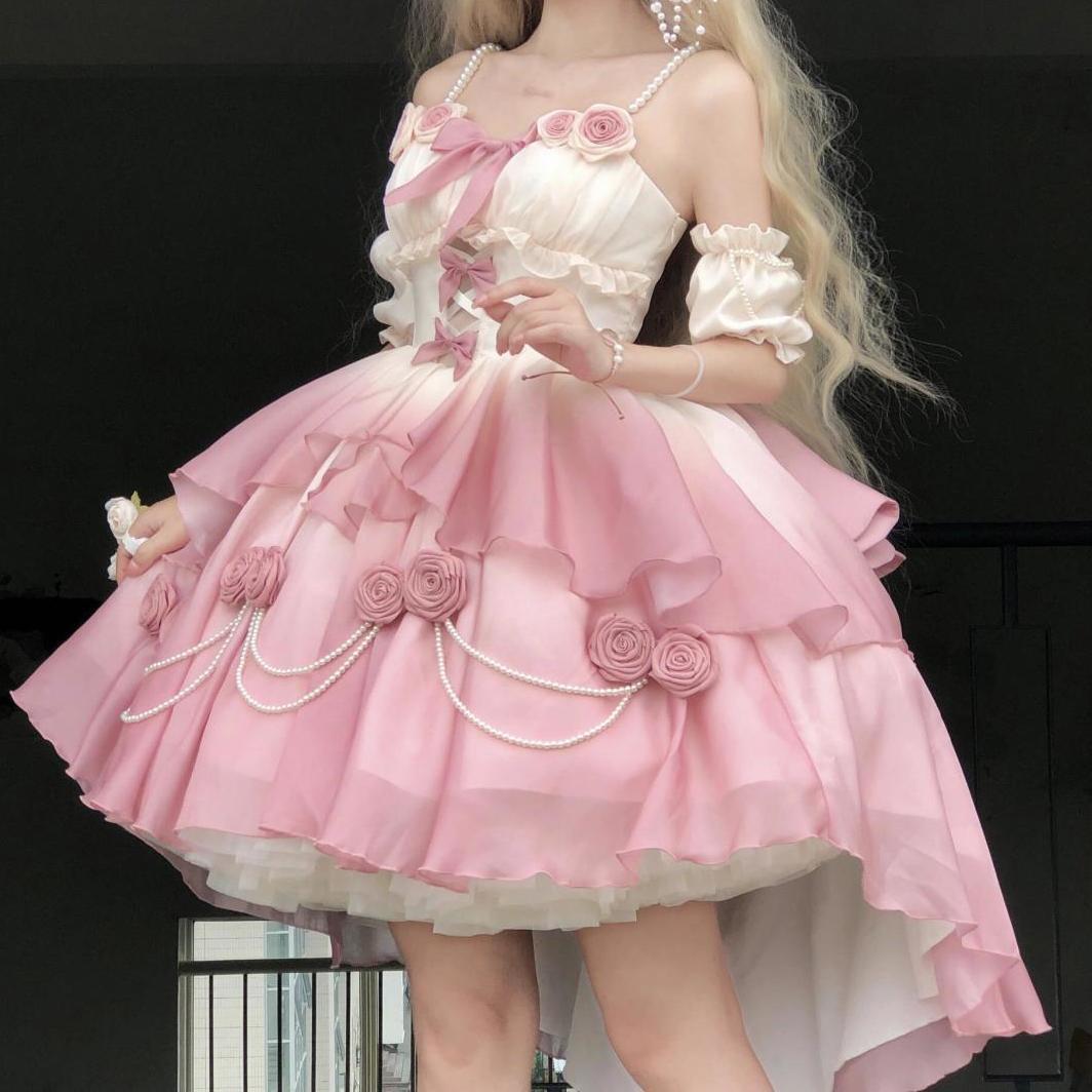 Lolita エロス結論jskドレスフロントショートバックロングライトフラワーウェディング夏