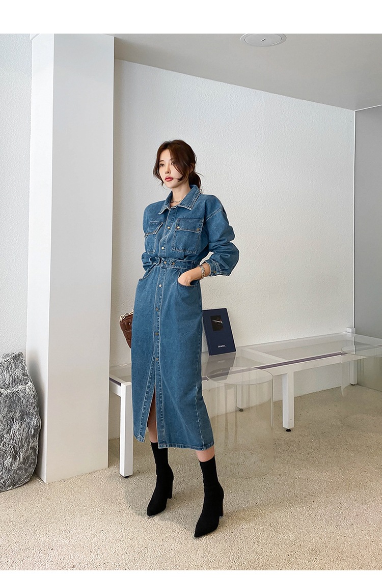 ワンピース レディース デニムワンピース S M L XL 韓国 シャツワンピース 長袖 膝丈 襟付き カラー デニム かわいい 大人可愛い きれいめ シンプル カジュアル おしゃれ お洒落 ラフ