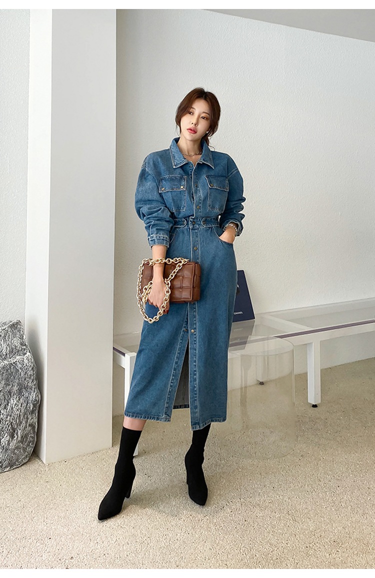 ワンピース レディース デニムワンピース S M L XL 韓国 シャツワンピース 長袖 膝丈 襟付き カラー デニム かわいい 大人可愛い きれいめ シンプル カジュアル おしゃれ お洒落 ラフ