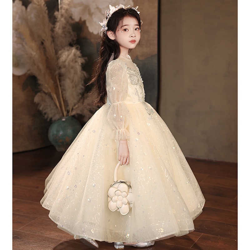 シャンパンの子供用ドレス長袖プリンセスドレスホストスパンコールの女の子の誕生日コスム シャンパンの子供用ドレス長袖プリンセスドレスホストスパンコールの女の子の誕生日コスム
