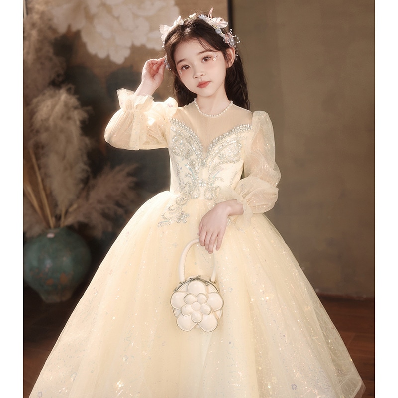 シャンパンの子供用ドレス長袖プリンセスドレスホストスパンコールの女の子の誕生日コスム シャンパンの子供用ドレス長袖プリンセスドレスホストスパンコールの女の子の誕生日コスム