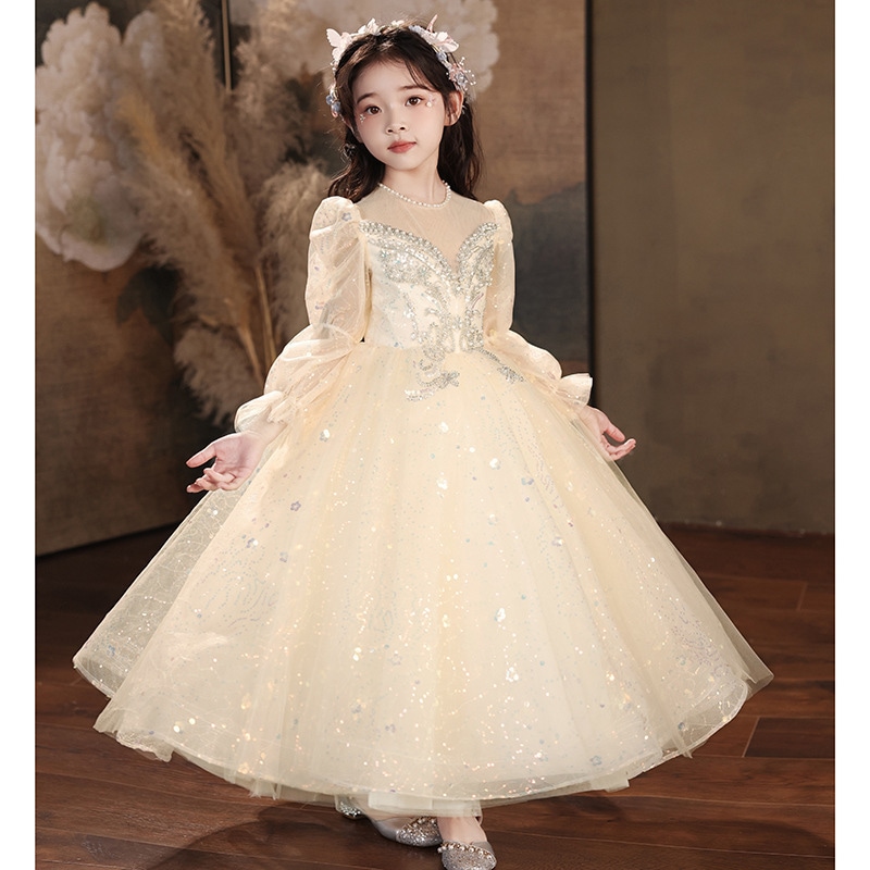 シャンパンの子供用ドレス長袖プリンセスドレスホストスパンコールの女の子の誕生日コスム シャンパンの子供用ドレス長袖プリンセスドレスホストスパンコールの女の子の誕生日コスム