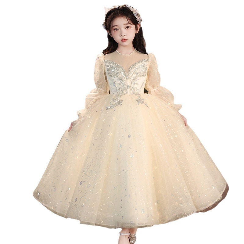 シャンパンの子供用ドレス長袖プリンセスドレスホストスパンコールの女の子の誕生日コスム シャンパンの子供用ドレス長袖プリンセスドレスホストスパンコールの女の子の誕生日コスム
