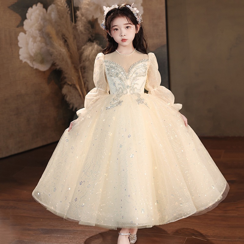 シャンパンの子供用ドレス長袖プリンセスドレスホストスパンコールの女の子の誕生日コスム シャンパンの子供用ドレス長袖プリンセスドレスホストスパンコールの女の子の誕生日コスム