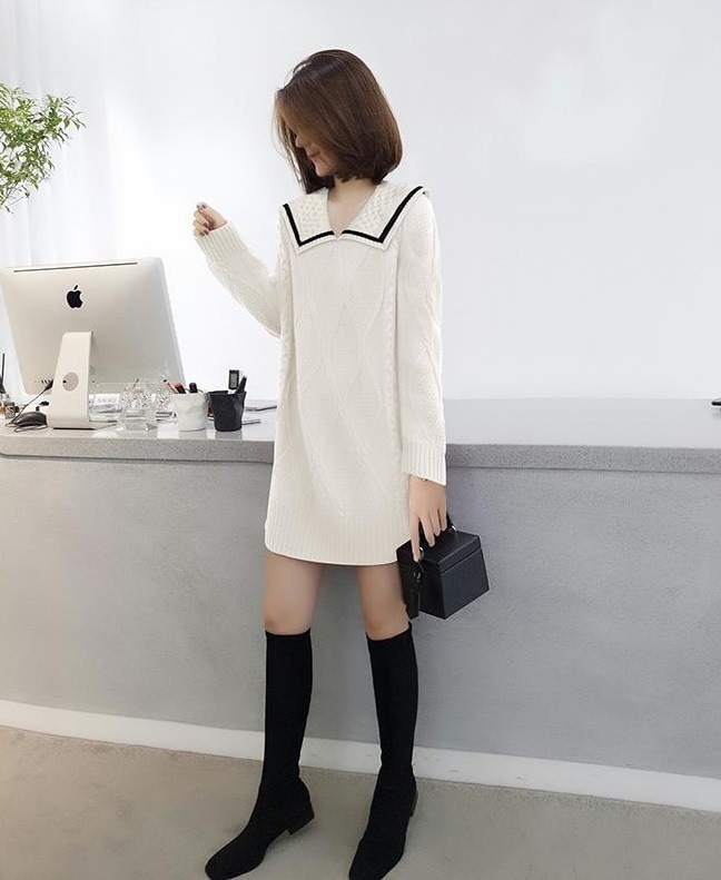 ワンピース レディース ニットワンピース S M L XL 韓国 ミニワンピ ミニ丈 ショート丈 膝上 袖あり 長袖 襟付き かわいい 大人可愛い シンプル カジュアル 大人 おしゃれ お洒落 レトロ