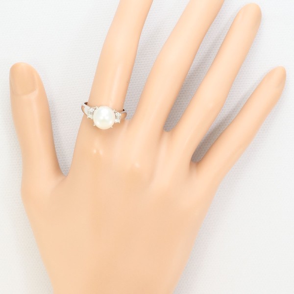 PT900 プラチナ リング 14号 パール(真珠) 約9.5mm ダイヤ 0.26 中古