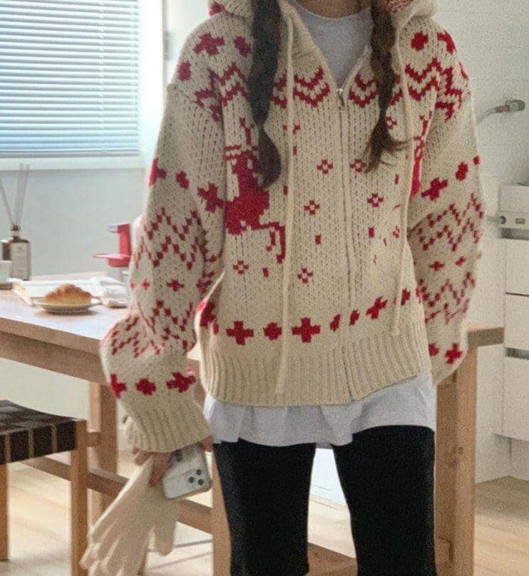 【3日出荷】レディースファッション トップス ニット ニットパーカー フーディー ノルディック柄 韓国ファッシ 【3日出荷】レディースファッション トップス ニット ニットパーカー フーディー ノルディック柄 韓国ファッシ