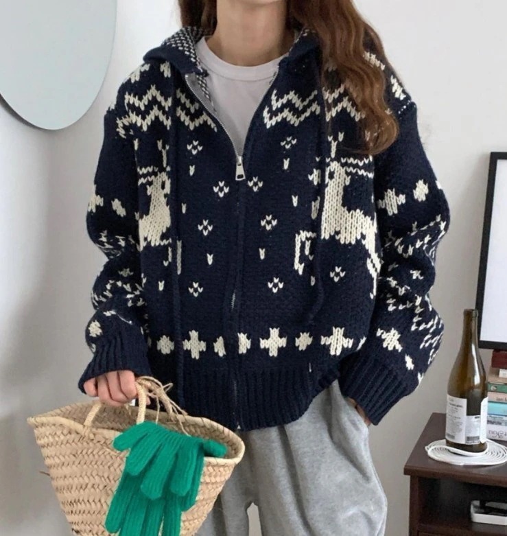 【3日出荷】レディースファッション トップス ニット ニットパーカー フーディー ノルディック柄 韓国ファッシ 【3日出荷】レディースファッション トップス ニット ニットパーカー フーディー ノルディック柄 韓国ファッシ