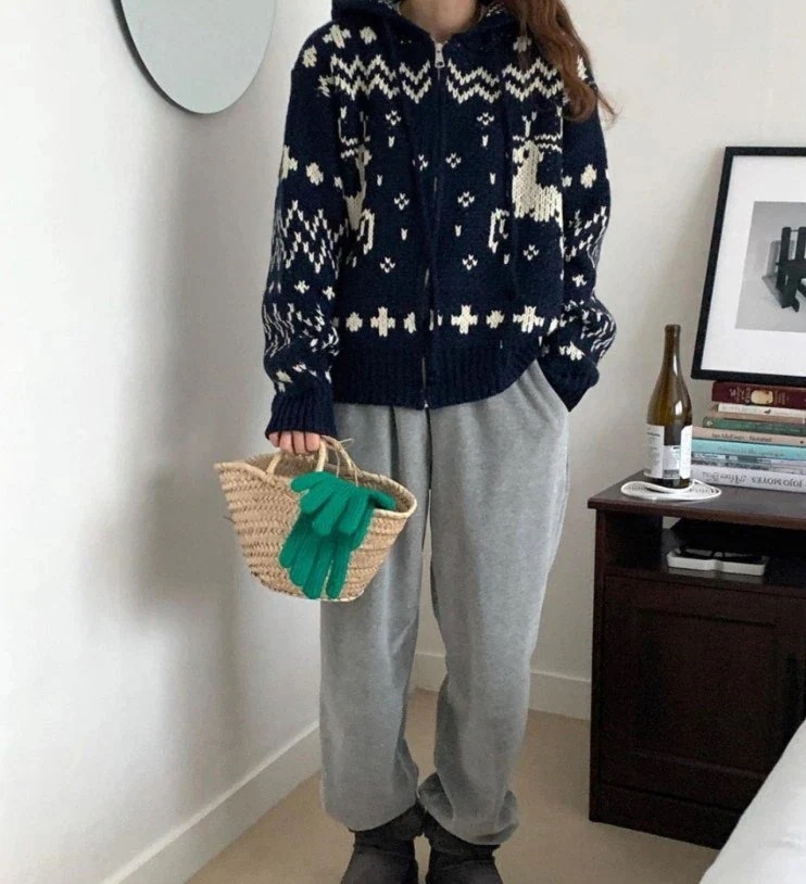 【3日出荷】レディースファッション トップス ニット ニットパーカー フーディー ノルディック柄 韓国ファッシ 【3日出荷】レディースファッション トップス ニット ニットパーカー フーディー ノルディック柄 韓国ファッシ