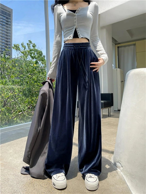 Qoo10] ワイドパンツ 裏起毛 ベロアパンツ レデ
