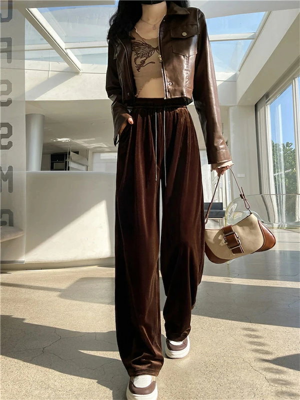 Qoo10] ワイドパンツ 裏起毛 ベロアパンツ レデ