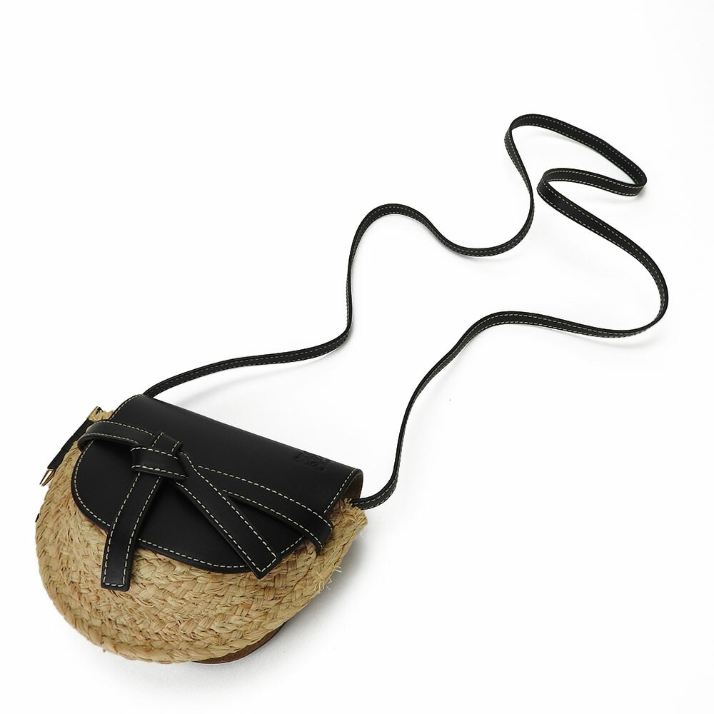 中古 LOEWE ロエベ 329.13.U62 ミニゲート ショルダーバッグ 斜めがけ ポシェット レディース レザー ラフィア バックスキン ブラック 黒 ゴールド金具 女性 カジュアル Sho