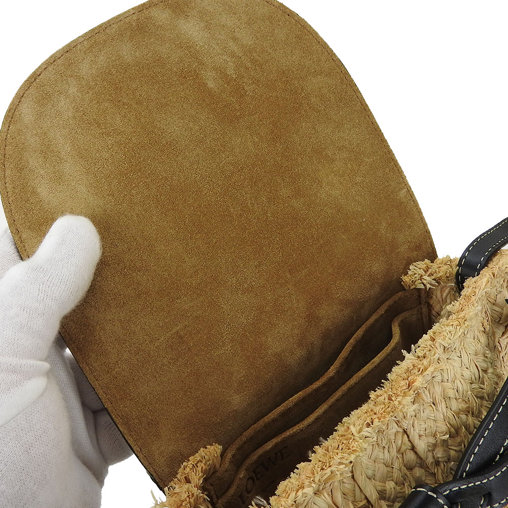 中古 LOEWE ロエベ 329.13.U62 ミニゲート ショルダーバッグ 斜めがけ ポシェット レディース レザー ラフィア バックスキン ブラック 黒 ゴールド金具 女性 カジュアル Sho