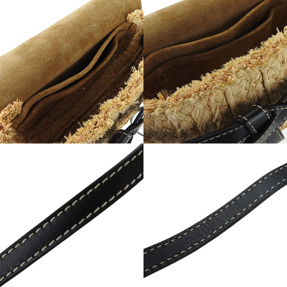 中古 LOEWE ロエベ 329.13.U62 ミニゲート ショルダーバッグ 斜めがけ ポシェット レディース レザー ラフィア バックスキン ブラック 黒 ゴールド金具 女性 カジュアル Sho