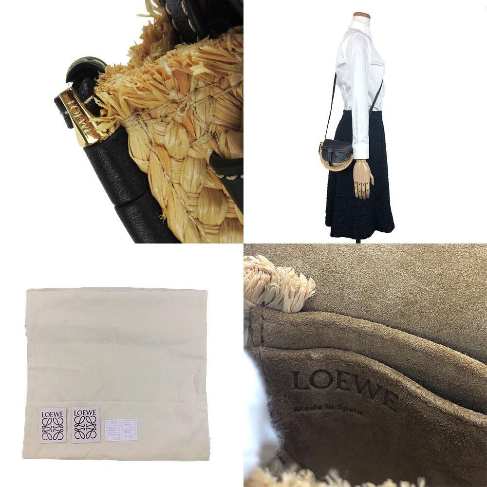 中古 LOEWE ロエベ 329.13.U62 ミニゲート ショルダーバッグ 斜めがけ ポシェット レディース レザー ラフィア バックスキン ブラック 黒 ゴールド金具 女性 カジュアル Sho