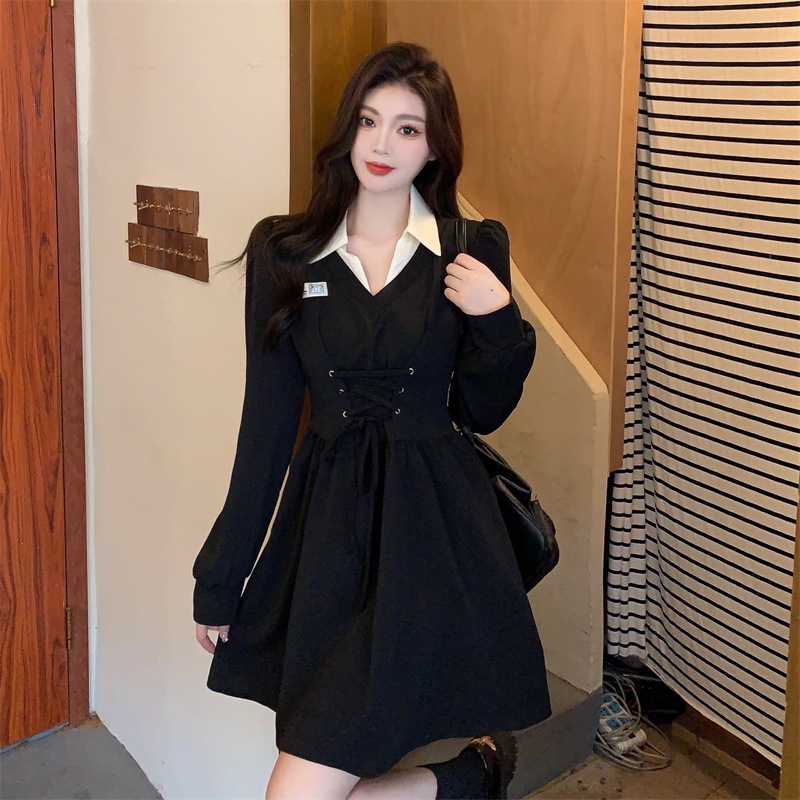 ワンピース フレアワンピース ショート丈 袖あり 長袖 襟付き Aライン リボン ウエストリボン 大人可愛い カジュアル 大人 おしゃれ 個性的 セクシー 無地 春 秋 冬 レディース デート