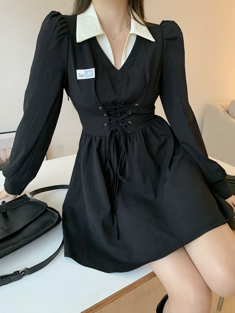 ワンピース フレアワンピース ショート丈 袖あり 長袖 襟付き Aライン リボン ウエストリボン 大人可愛い カジュアル 大人 おしゃれ 個性的 セクシー 無地 春 秋 冬 レディース デート