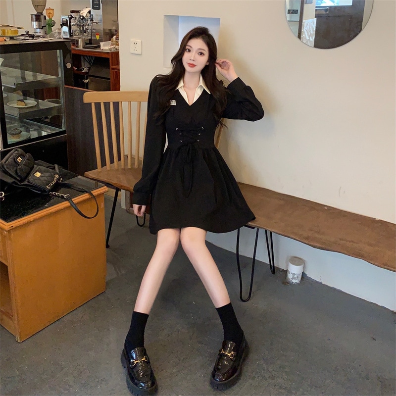 ワンピース フレアワンピース ショート丈 袖あり 長袖 襟付き Aライン リボン ウエストリボン 大人可愛い カジュアル 大人 おしゃれ 個性的 セクシー 無地 春 秋 冬 レディース デート