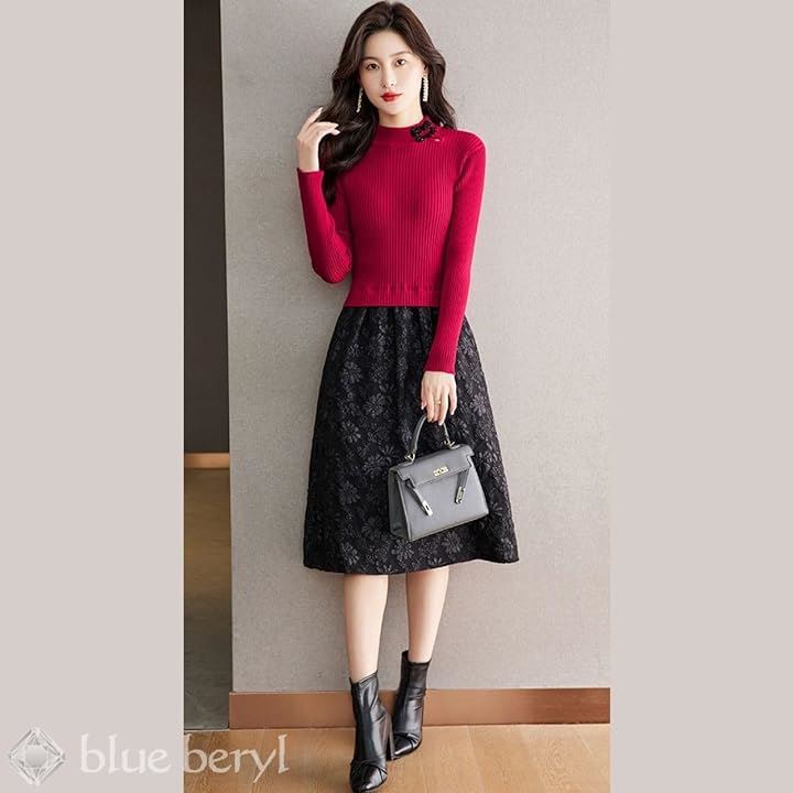 ドッキングワンピース レディース リブニット 花柄 長袖 チャイナボタン BB023(レッド, S)