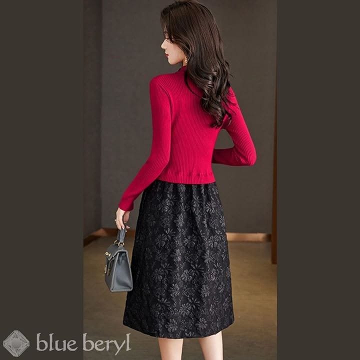 ドッキングワンピース レディース リブニット 花柄 長袖 チャイナボタン BB023(レッド, S)