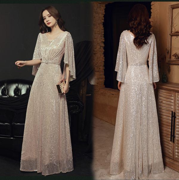 ロングドレス イブニングドレス カラオケドレス シャンパン ステージドレス パーティードレス サイズ指定OKスパンコール衣装 ミセス 発表会 演奏会用ドレス ピアノ 合唱 披露宴 舞台衣装 お呼ばれ