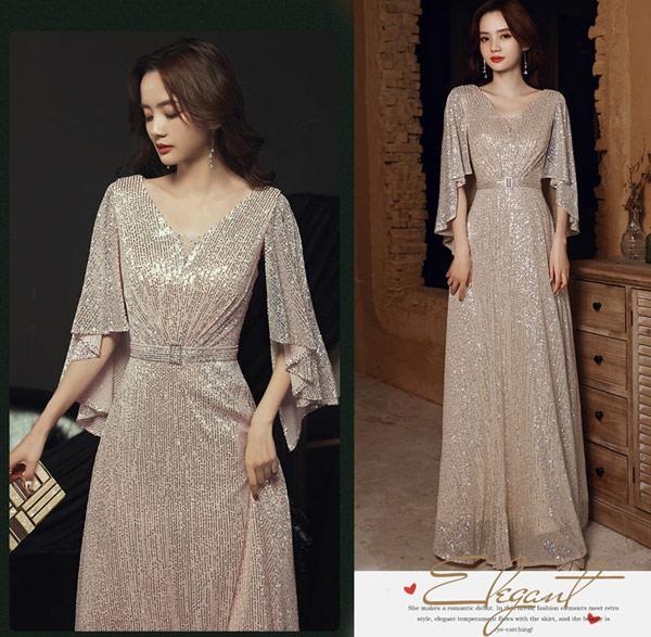 ロングドレス イブニングドレス カラオケドレス シャンパン ステージドレス パーティードレス サイズ指定OKスパンコール衣装 ミセス 発表会 演奏会用ドレス ピアノ 合唱 披露宴 舞台衣装 お呼ばれ