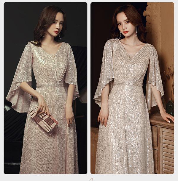 ロングドレス イブニングドレス カラオケドレス シャンパン ステージドレス パーティードレス サイズ指定OKスパンコール衣装 ミセス 発表会 演奏会用ドレス ピアノ 合唱 披露宴 舞台衣装 お呼ばれ