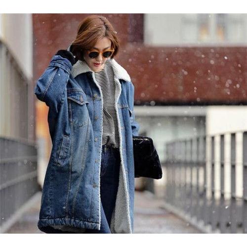 デニムシャツ　コート　ランチジャケット　ロング丈裏ボアスタンドカラーゆったりデニムジージャンジャケットアウターレディース