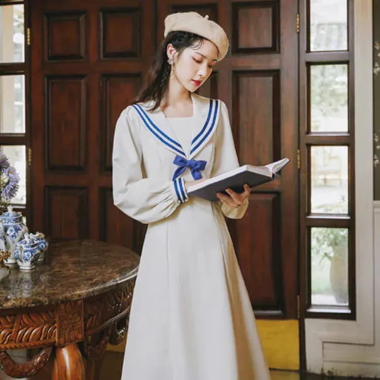 【急速出荷!】ロングワンピース Aラインワンピース セーラーワンピース 海軍風 森ガール ワンピース レディース