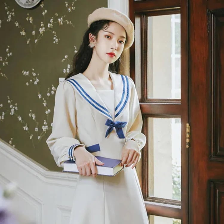 【急速出荷!】ロングワンピース Aラインワンピース セーラーワンピース 海軍風 森ガール ワンピース レディース