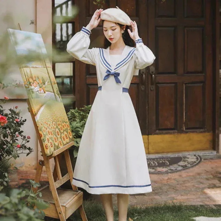 【急速出荷!】ロングワンピース Aラインワンピース セーラーワンピース 海軍風 森ガール ワンピース レディース