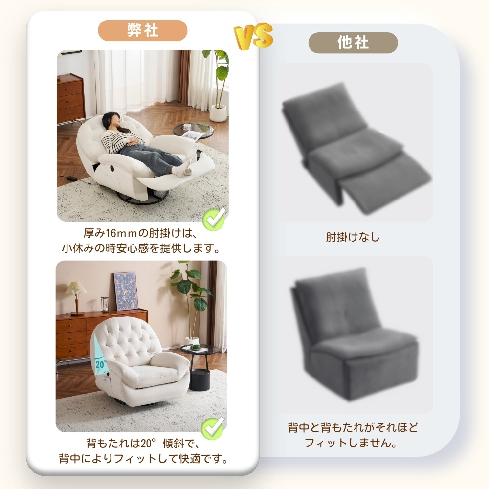 電動1人掛け ソファー リクライニングチェア ゲーミングチェア リクライニングソファ 電動ソファ ベルベット 貝殻のデザイン 270度回転式 背もたれ調節105-165度 簡単昇降ボタン 快適なリビン