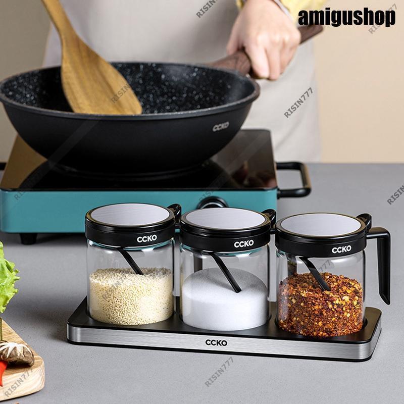 【6月新品＆イベントセール】調味料入れ 調味料容器 調味料ケース おしゃれ ガラス 砂糖 塩 キャンプ 密閉 トランスペアレント セット 3個 防湿防塵 お手入れ簡単 キッチン用品30%OFF安い