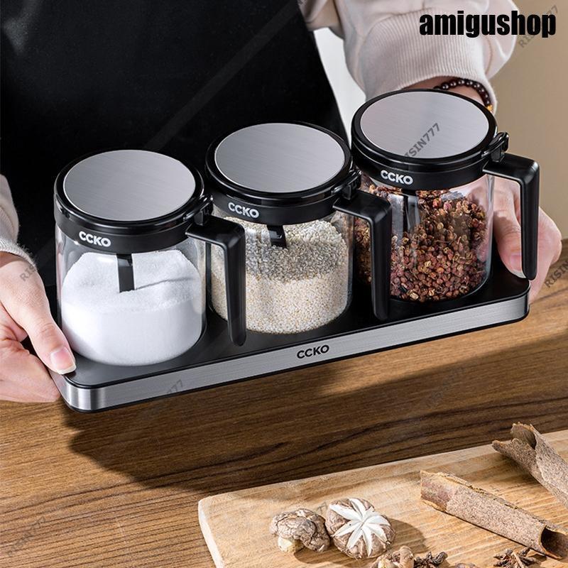 【6月新品＆イベントセール】調味料入れ 調味料容器 調味料ケース おしゃれ ガラス 砂糖 塩 キャンプ 密閉 トランスペアレント セット 3個 防湿防塵 お手入れ簡単 キッチン用品30%OFF安い