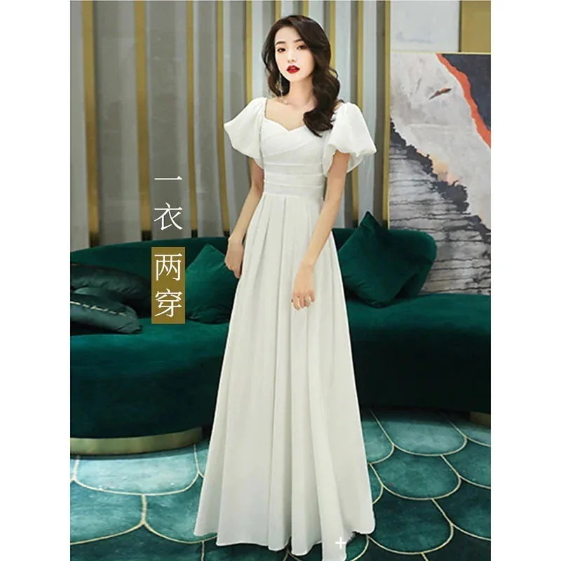 宴会レディース優雅ホワイトロングワンピース誕生日フランス風司会者パーティー3303166