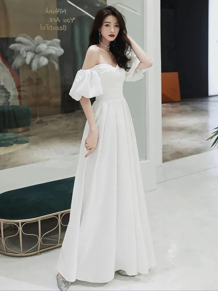 宴会レディース優雅ホワイトロングワンピース誕生日フランス風司会者パーティー3303166