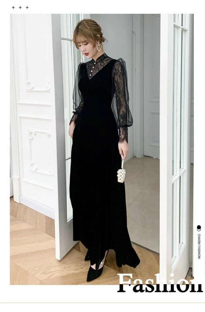 発表会 ドレス パーティードレス 演奏会 ドレス ブラック 黒 ロングドレス Aライン ポワント袖 長袖 ファスナー 透け感 結婚式 母親 フォーマル 小さいサイズ 大きいサイズ 女子会 da256x