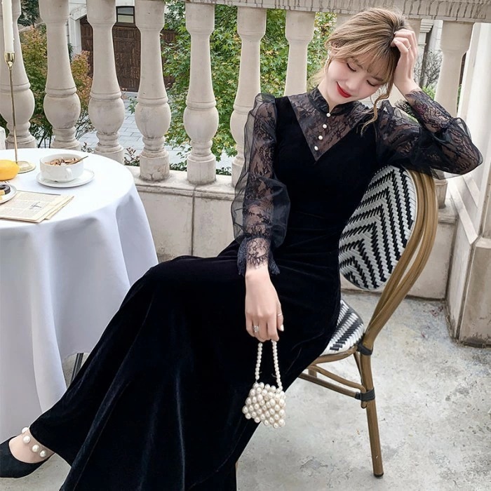 発表会 ドレス パーティードレス 演奏会 ドレス ブラック 黒 ロングドレス Aライン ポワント袖 長袖 ファスナー 透け感 結婚式 母親 フォーマル 小さいサイズ 大きいサイズ 女子会 da256x